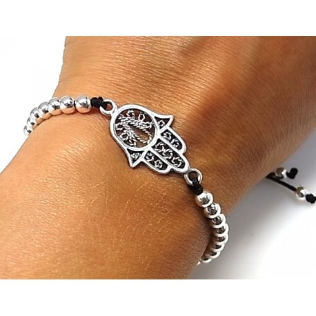 Pulsera Mano de Fátima con bolas de Plata ajustable 1