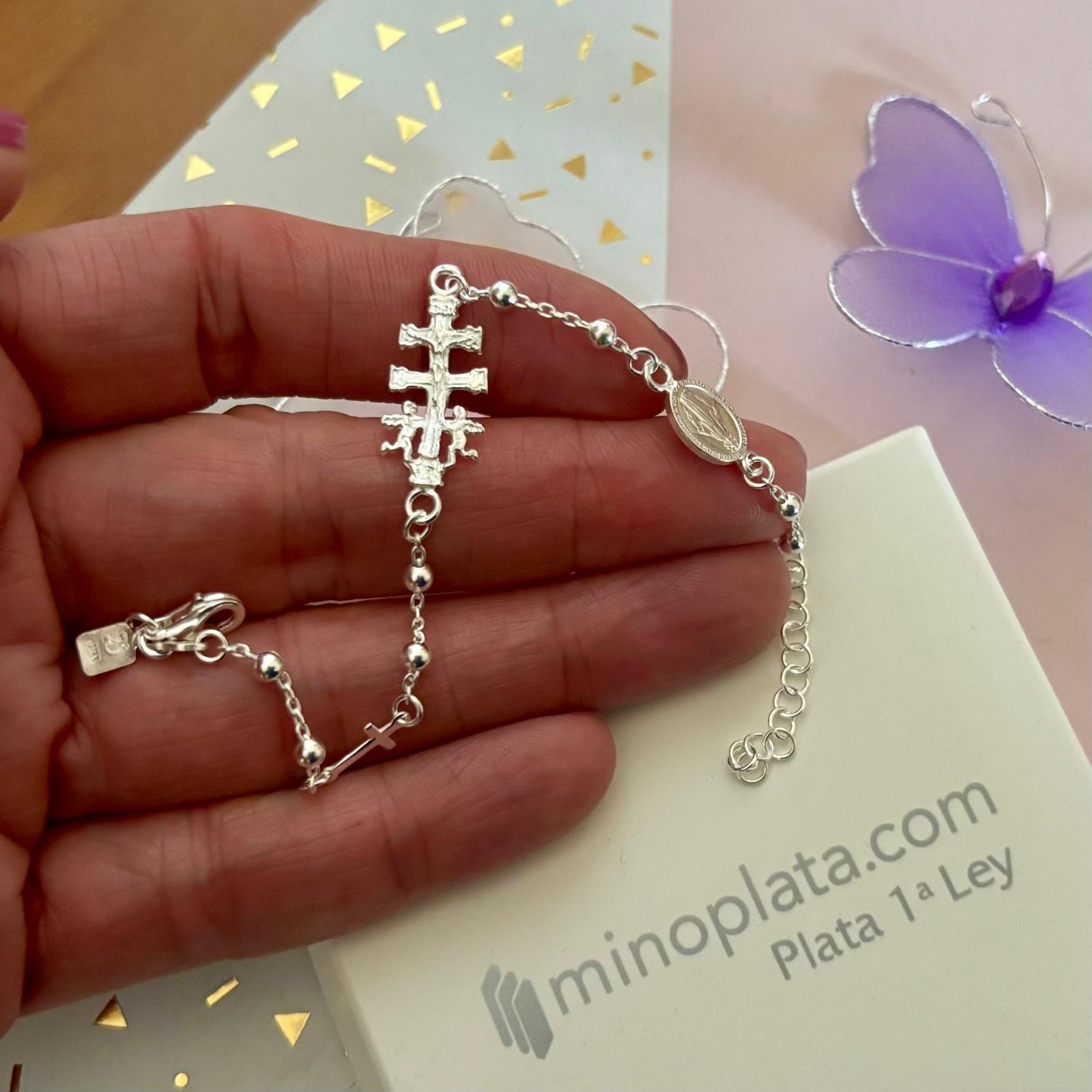Pulsera amuleto Cruz de Caravaca, Crucifijo y Medalla Virgen Milagrosa bolitas de Plata de ley 2