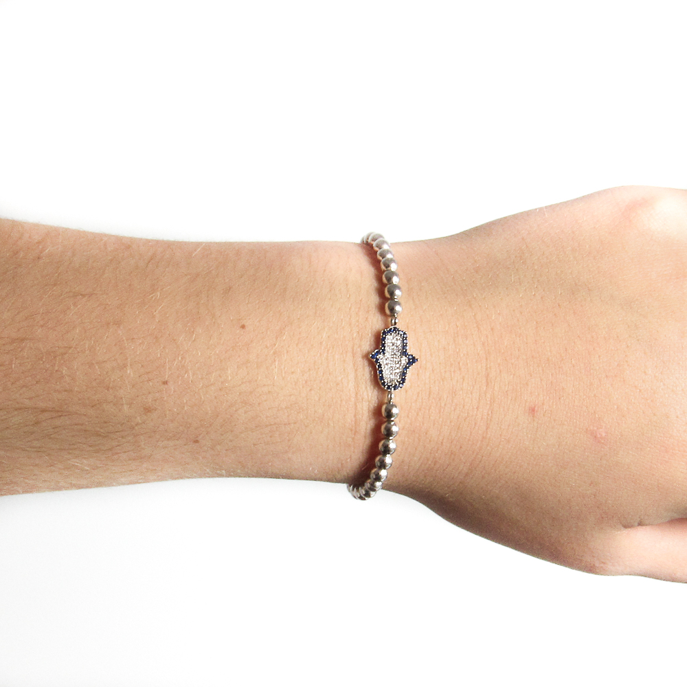 Pulsera elástica bolas de Plata mano de Fátima con Circonitas 1