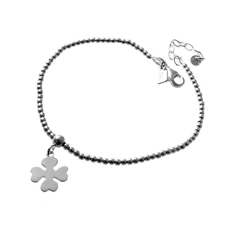 Pulsera bolas 2 Mm. de Plata de ley con trébol colgante