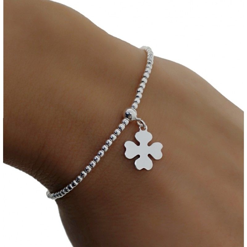 Pulsera bolas 2 Mm. de Plata de ley con trébol colgante_1