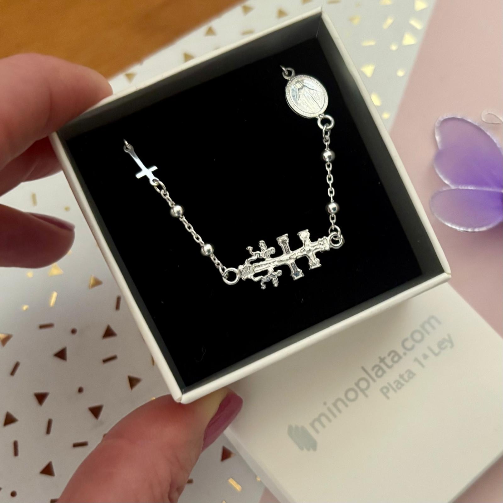 Pulsera amuleto Cruz de Caravaca, Crucifijo y Medalla Virgen Milagrosa bolitas de Plata de ley 1