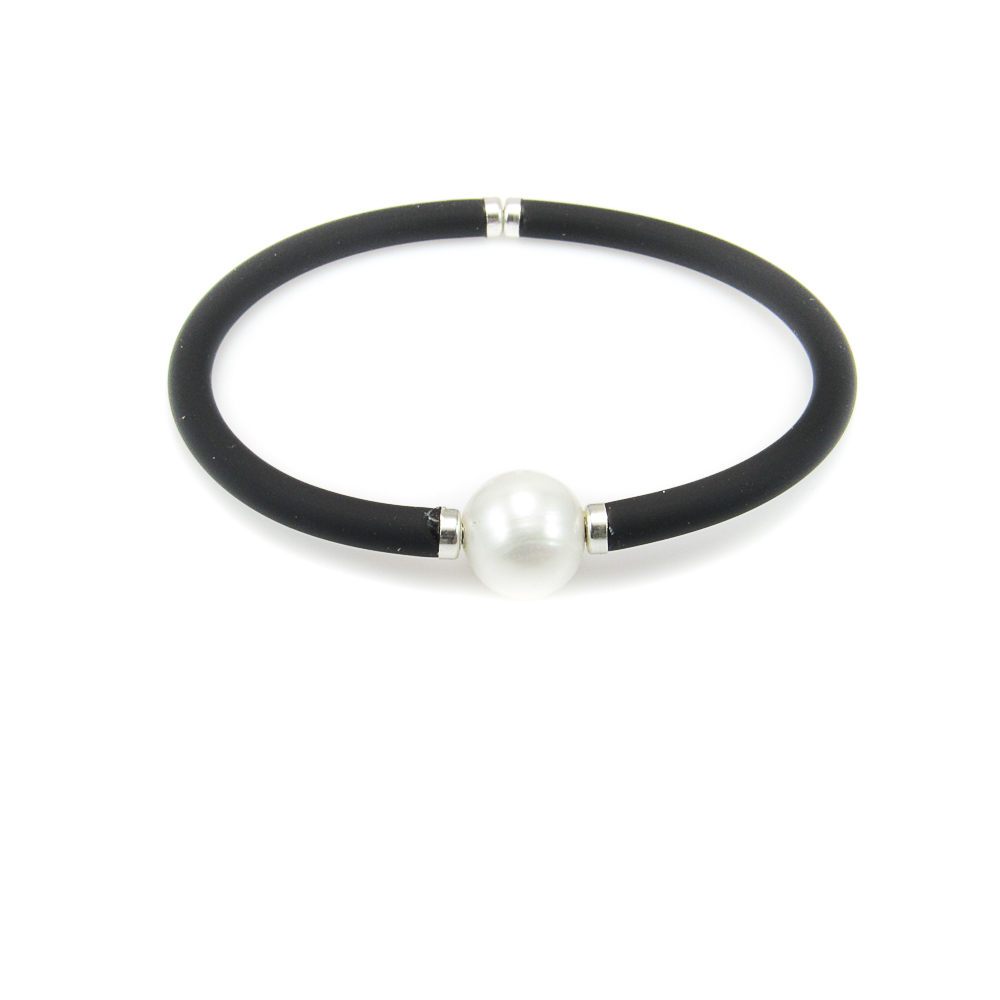 Pulsera elástica de Caucho negro y Perla para mujer