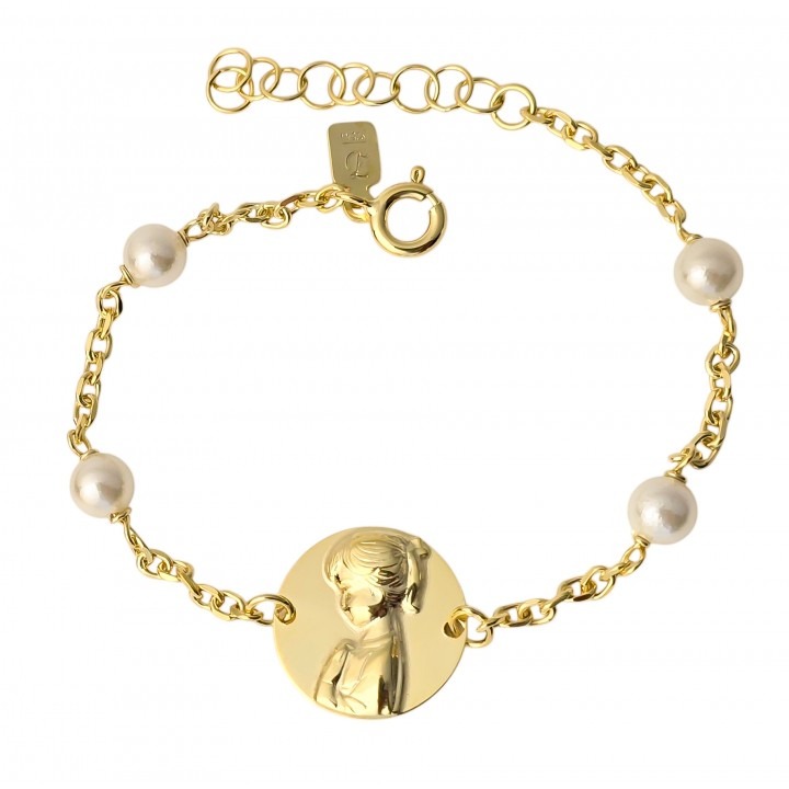 Pulsera infantil Virgen Niña de Plata chapada en Oro con Perlas