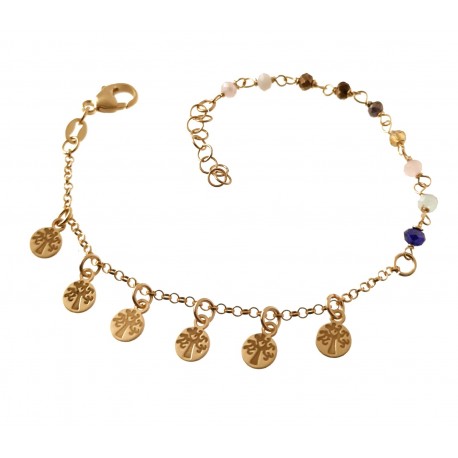 Pulsera Plata dorada piedras color y chapitas árbol de la vida
