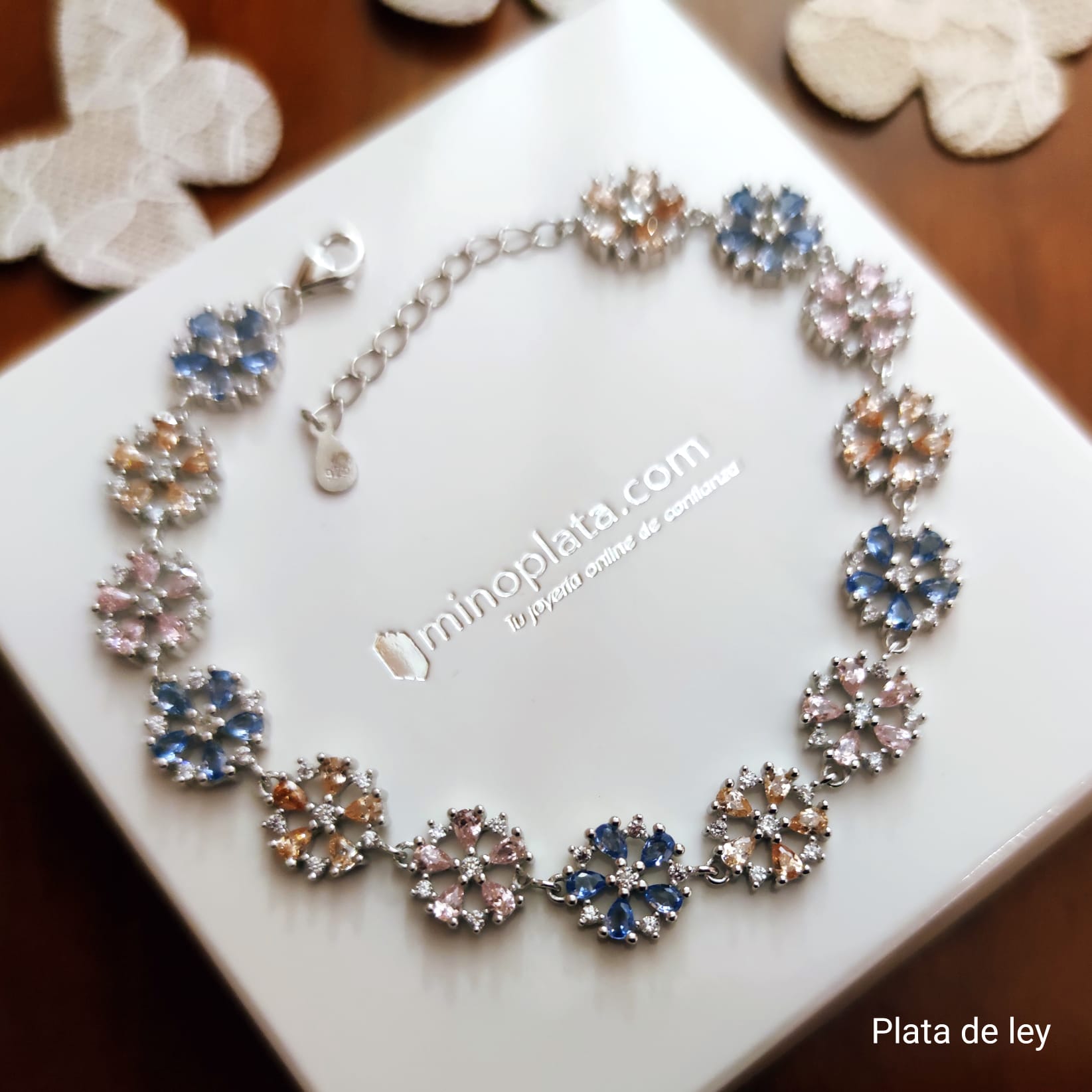 Pulsera flores de Plata de ley rodiada con Circonitas de colores