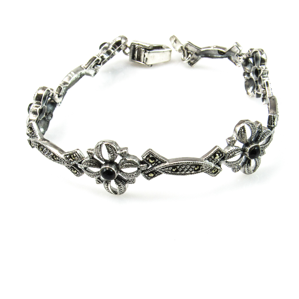 Pulsera flores caladas de Plata vieja con Marcasitas