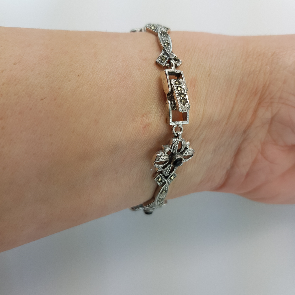 Pulsera flores caladas de Plata vieja con Marcasitas 3