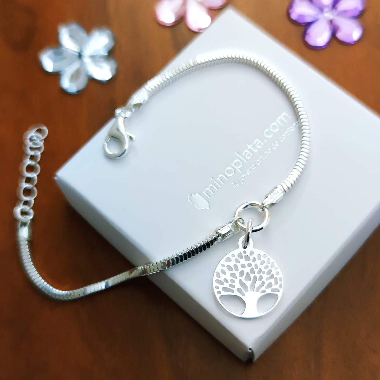 Pulsera Árbol de la vida cola ratón cuadrada de Plata 3
