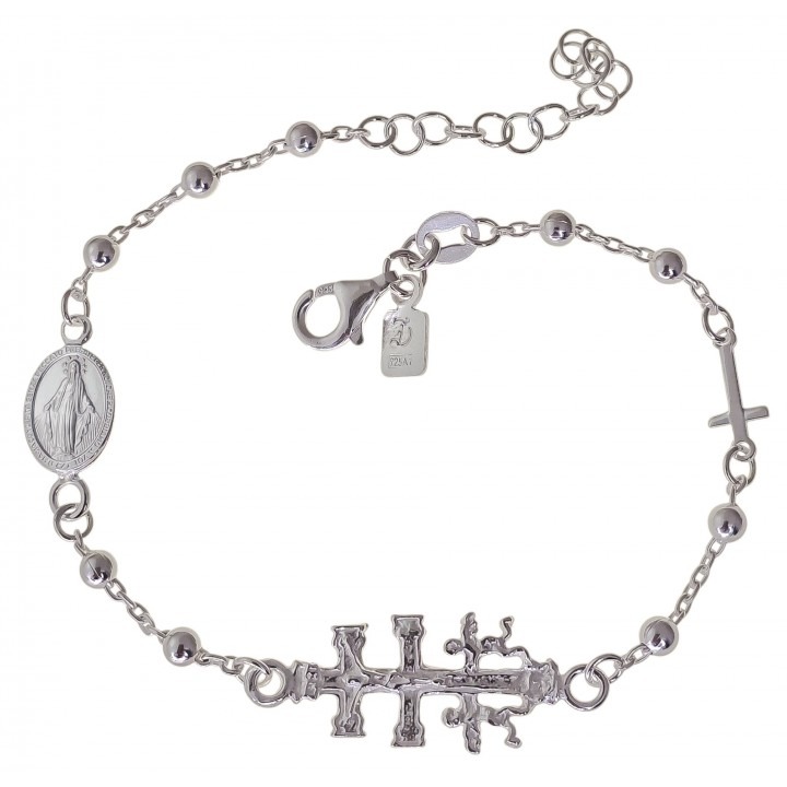 Pulsera amuleto Cruz de Caravaca, Crucifijo y Medalla Virgen Milagrosa bolitas de Plata de ley