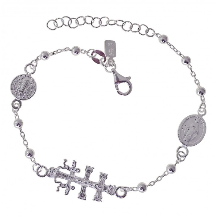 Pulsera tres amuletos Cruz de Caravaca, Medalla San Benito y Medalla Milagrosa de Plata de ley
