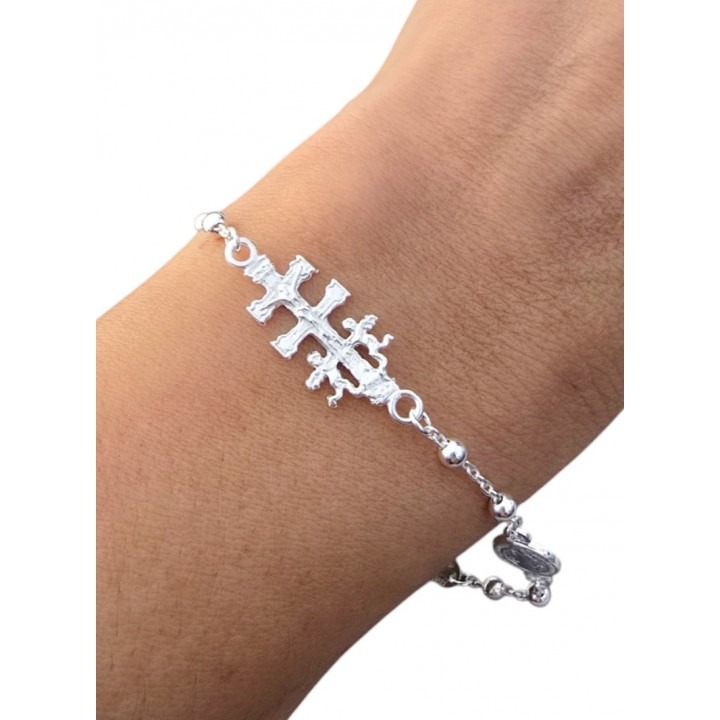 Pulsera tres amuletos Cruz de Caravaca, Medalla San Benito y Medalla Milagrosa de Plata de ley 5