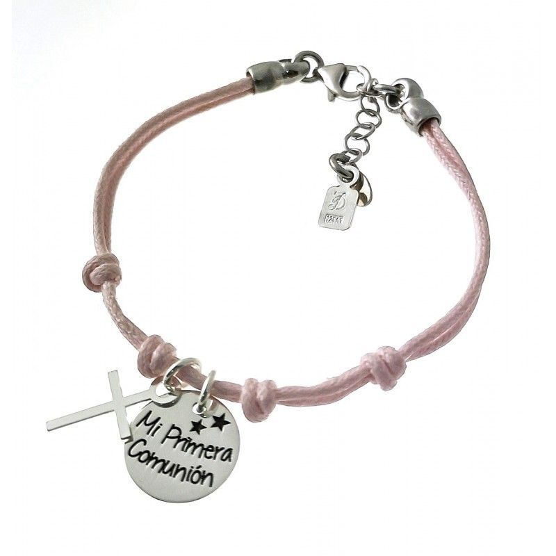 Pulsera algodón rosa con Cruz y Colgante Primera Comunión Plata