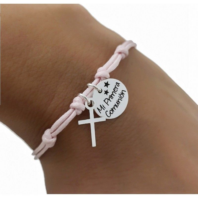 Pulsera algodón rosa con Cruz y Colgante Primera Comunión Plata 1