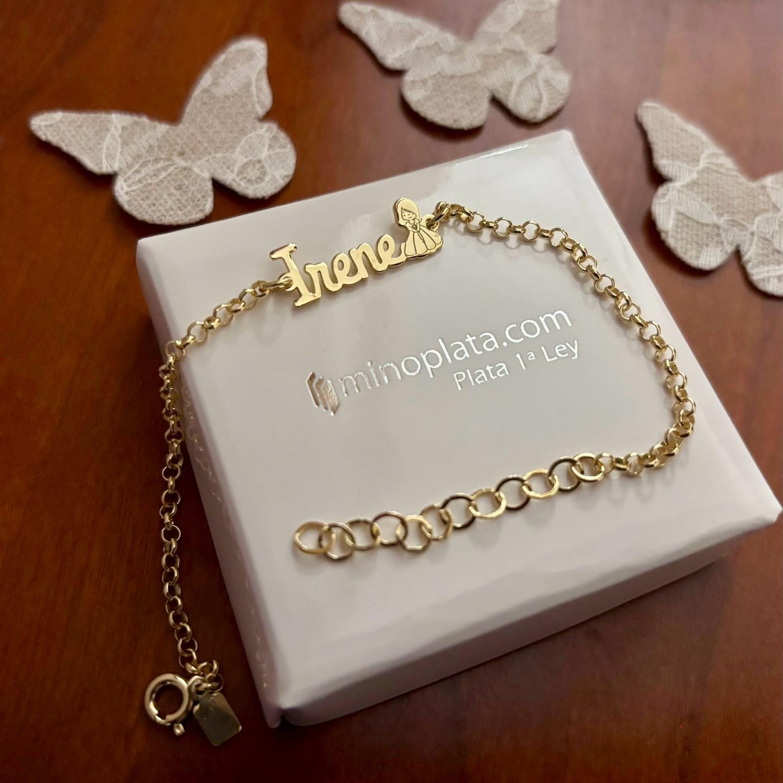 Pulsera infantil niña con nombre personalizado en Plata de ley chapada en oro 2