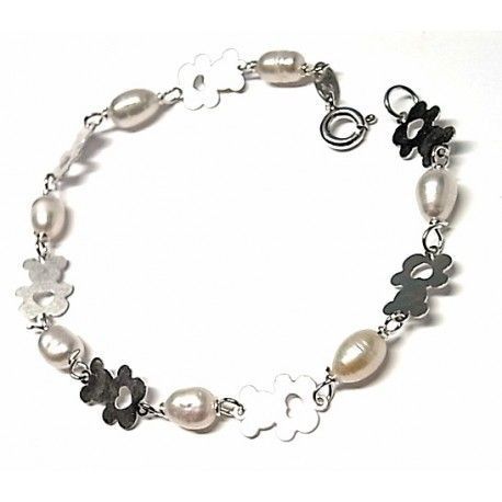 Pulsera con perlas y ositos de Plata de ley