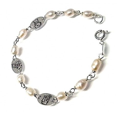 Pulsera Comunión de Plata grabada y Perlas