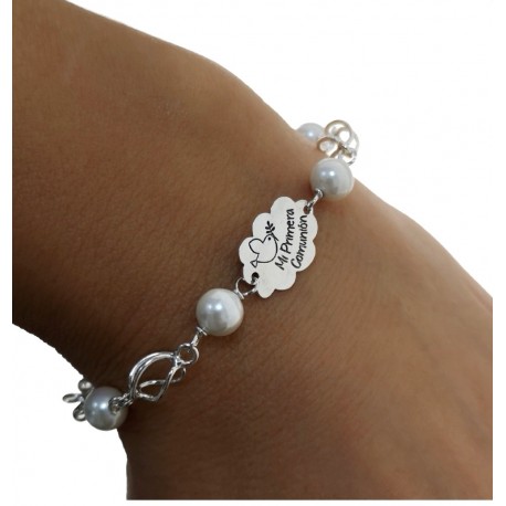 Pulsera Primera Comunión nube de Plata de ley con perlas 1