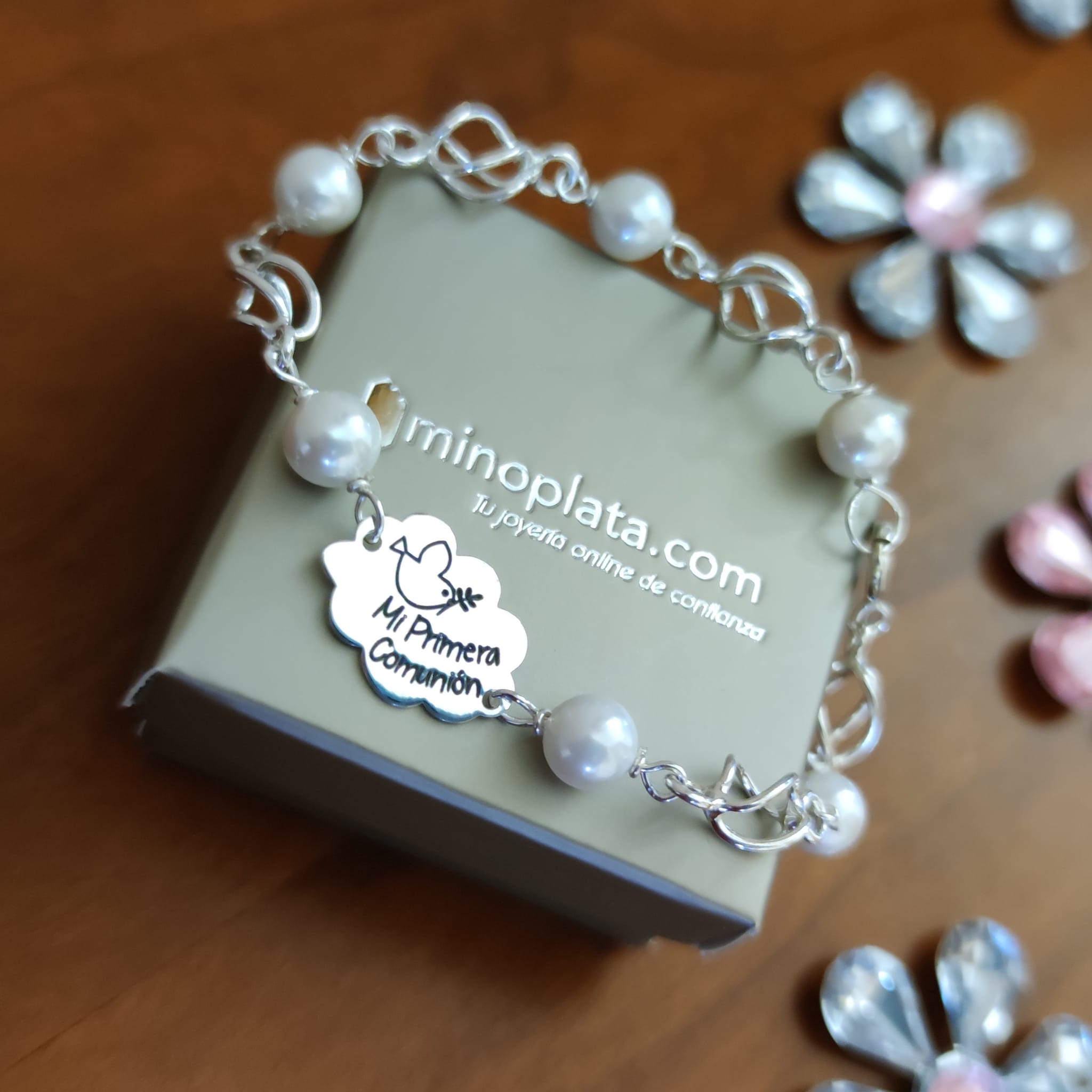 Pulsera Primera Comunión nube de Plata de ley con perlas 3