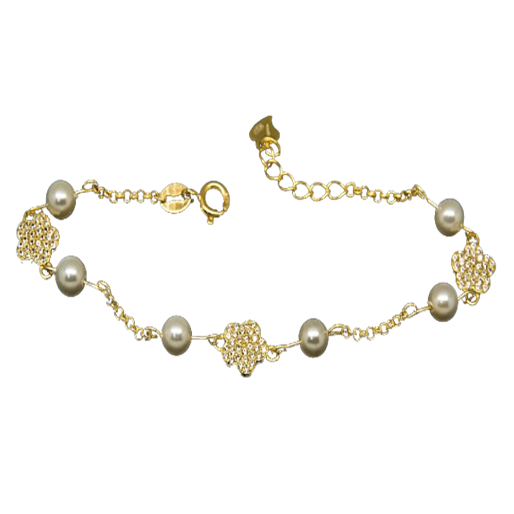 Pulsera flor de Plata chapada en Oro con Perlas cultivadas y Circonitas para niña