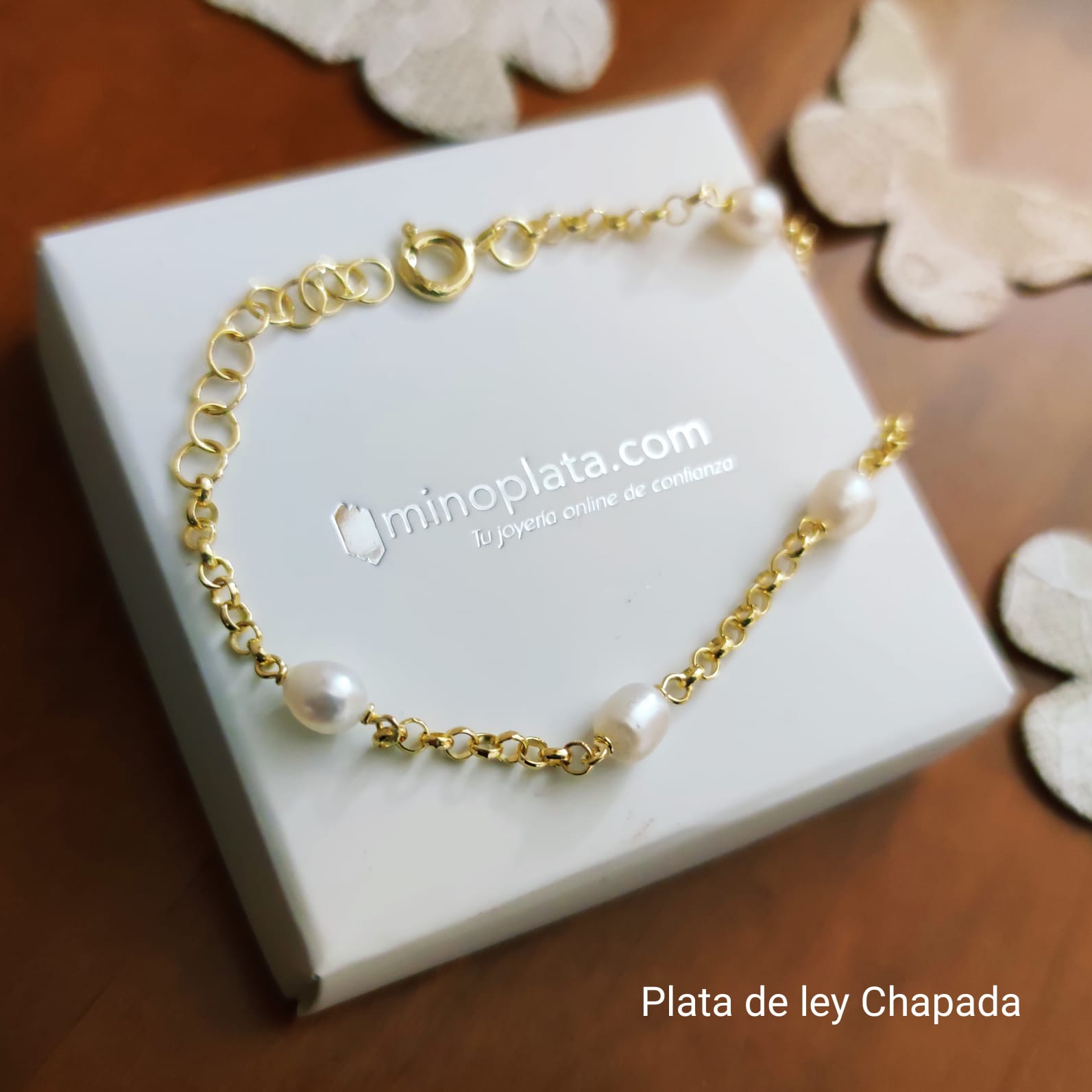 Pulsera Comunión en Plata de ley chapada Oro y Perlas 1