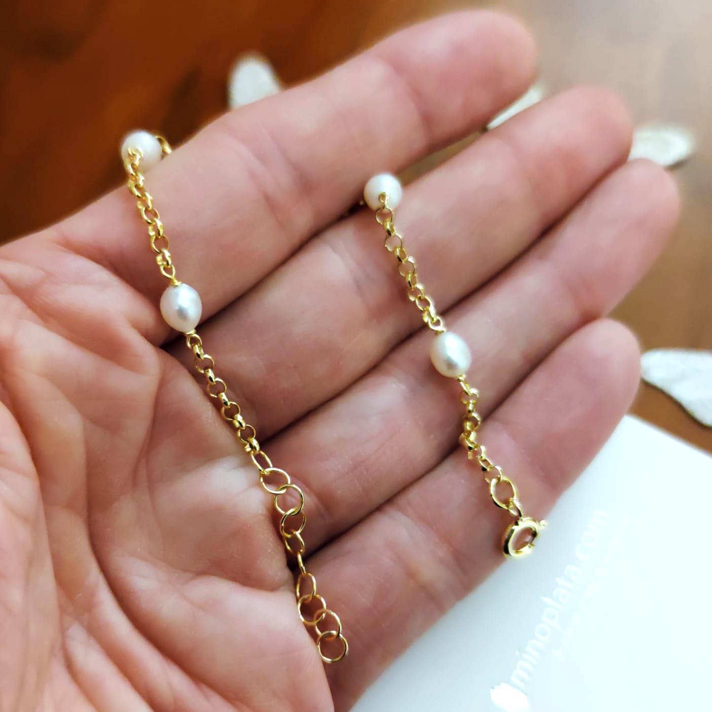 Pulsera Comunión en Plata de ley chapada Oro y Perlas 2