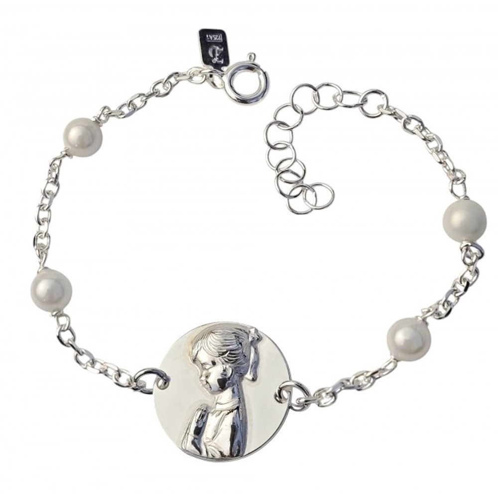 Pulsera comunión Virgen Niña de Plata de ley con Perlas