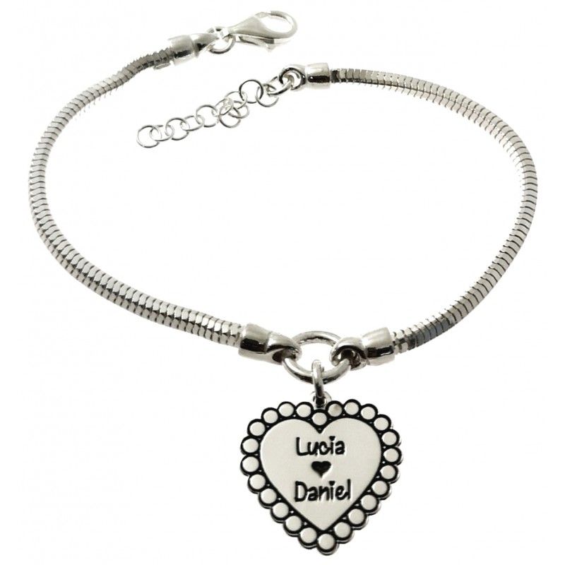 Pulsera corazón de Plata de ley personalizado con nombres