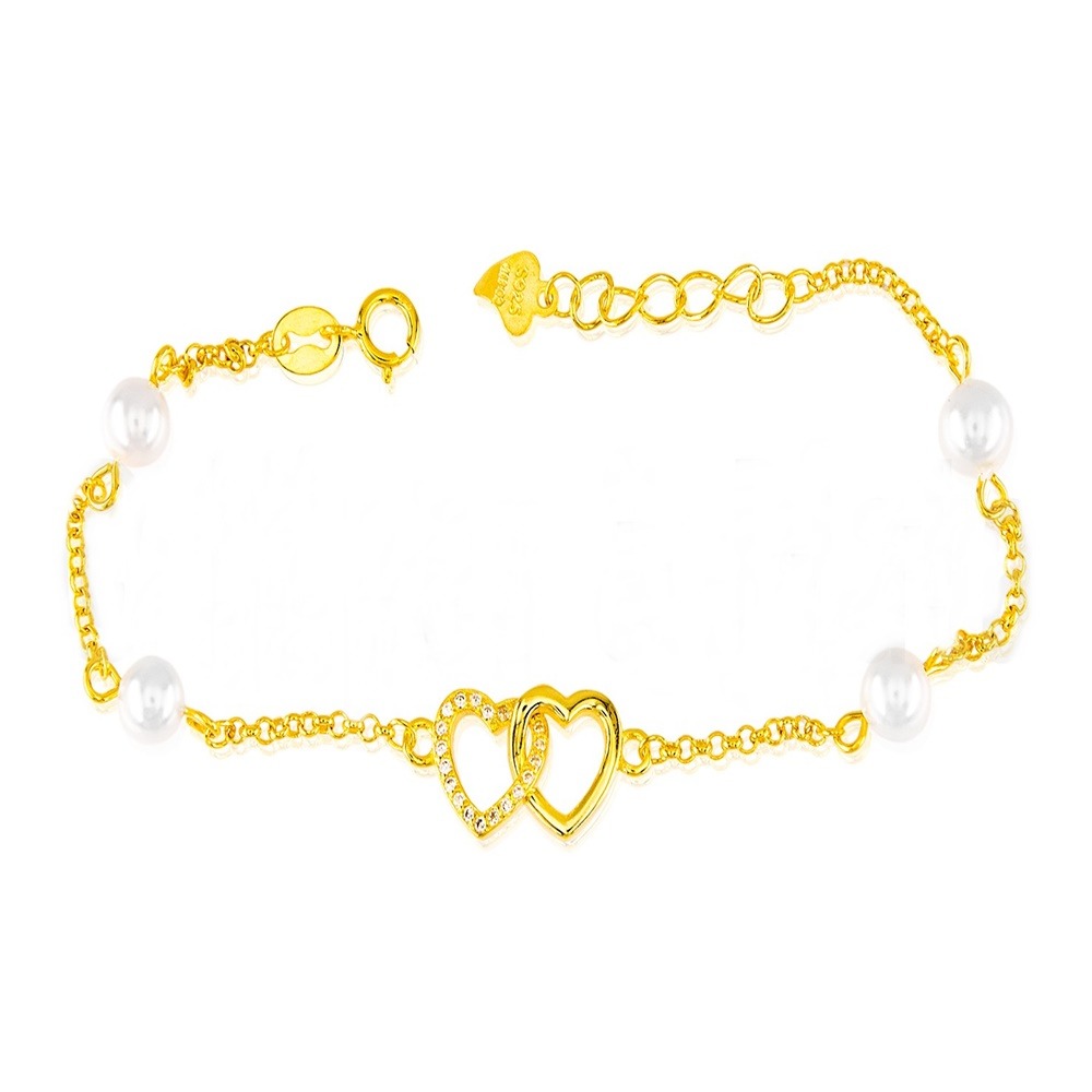 Pulsera de niña corazones de Plata chapada en oro con Perlas cultivadas