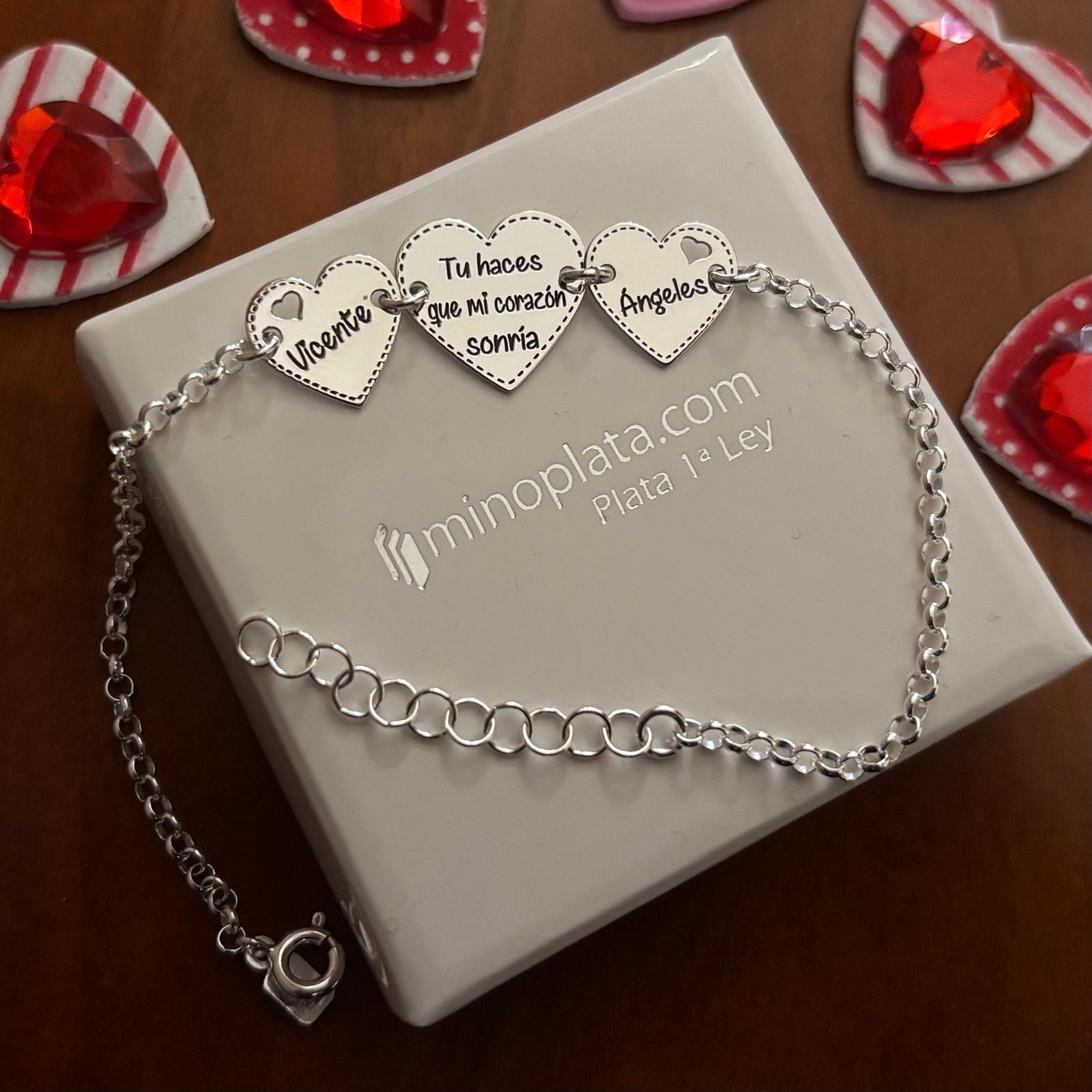 Pulsera corazones mensaje y nombres personalizados de Plata 1