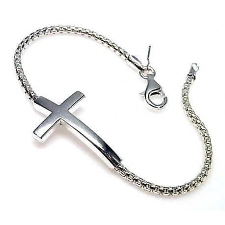 Pulsera cruz tumbada para niña en Plata de ley