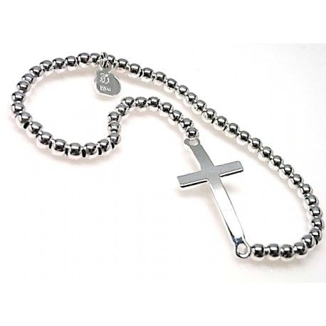 Pulsera elástica bolas con cruz de Plata