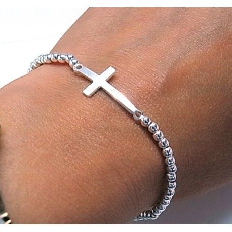 Pulsera elástica bolas con cruz de Plata 1