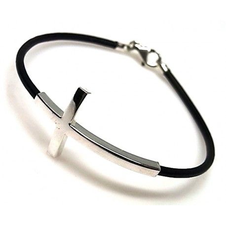 Pulsera cuero con cruz de Plata