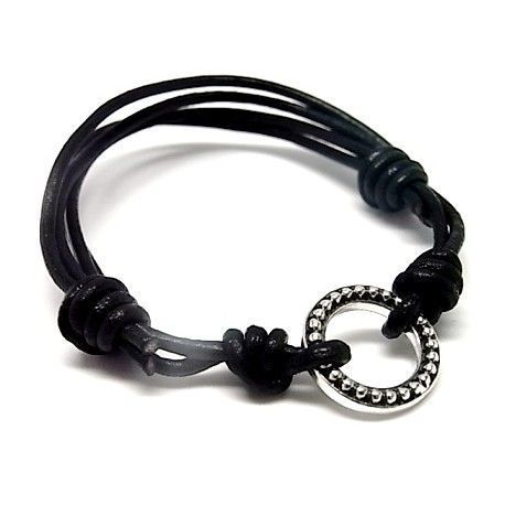 Pulsera de Piel negra ajustable con círculo de Plata vieja