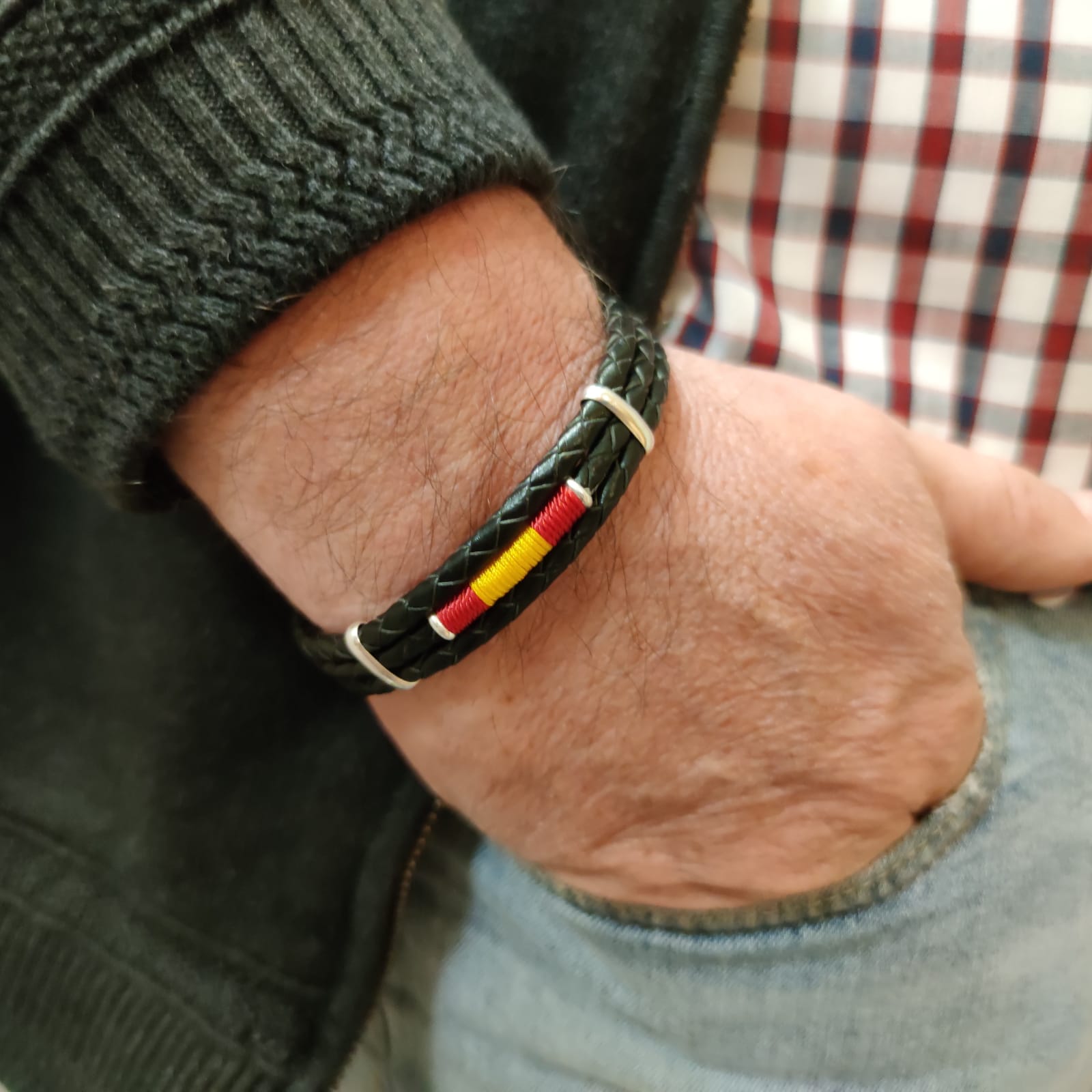 Pulsera tres hilos de Piel negra trenza y Plata bandera España_1