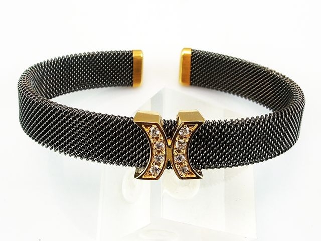 Brazalete malla de Acero negra y baño Oro con Circonitas