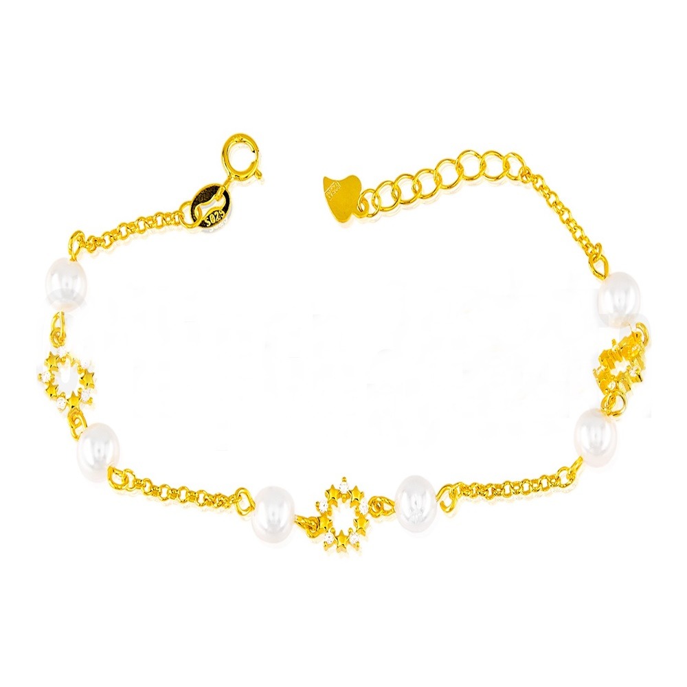 Pulsera Primera Comunión de Plata chapada en Oro con Perlas cultivadas de río y Circonitas