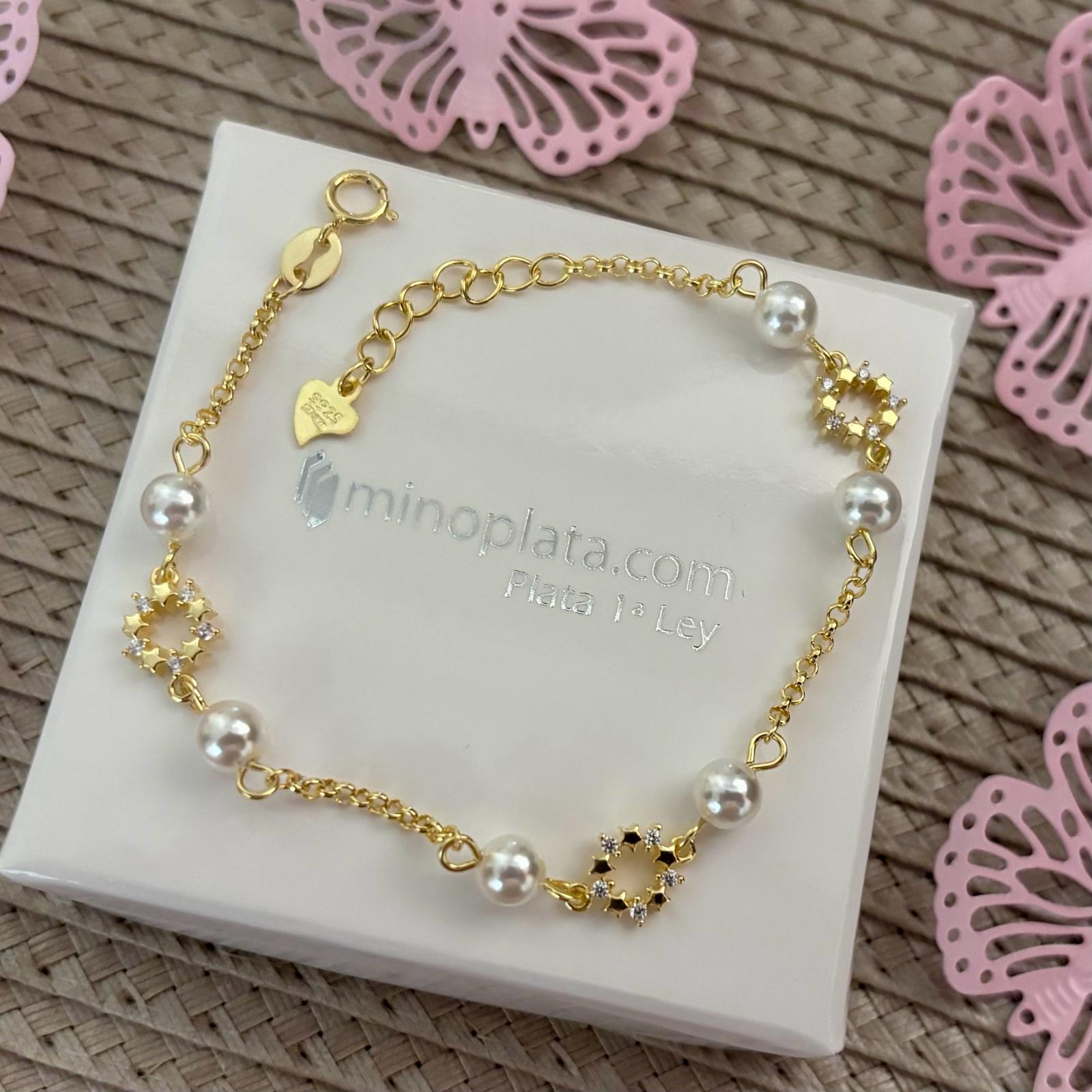 Pulsera Primera Comunión de Plata chapada en Oro con Perlas cultivadas de río y Circonitas 1