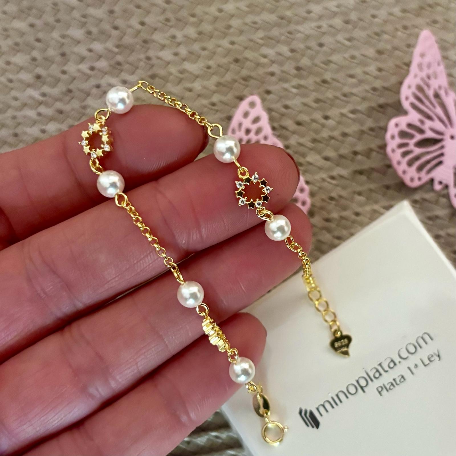 Pulsera Primera Comunión de Plata chapada en Oro con Perlas cultivadas de río y Circonitas 2