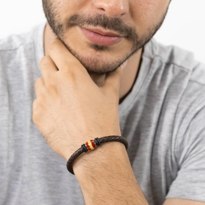 Pulsera España de cuero marrón trenzado y Acero inoxidable