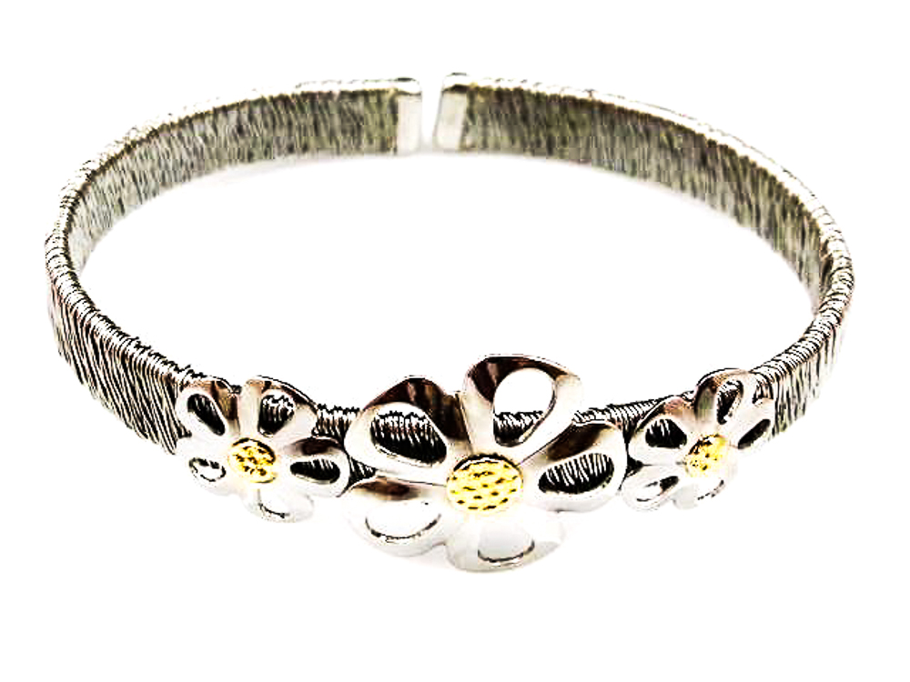 Pulsera hilo de Acero y oro con flores caladas