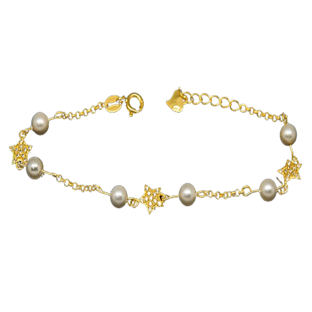 Pulsera infantil estrella de Plata chapada en Oro con Perlas cultivadas y Circonitas