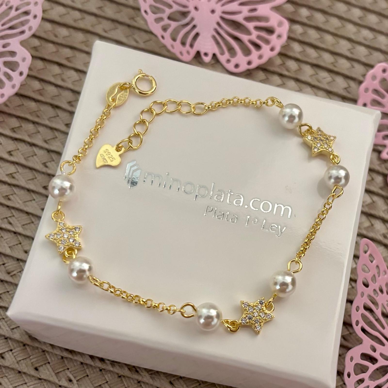Pulsera infantil estrella de Plata chapada en Oro con Perlas cultivadas y Circonitas 1