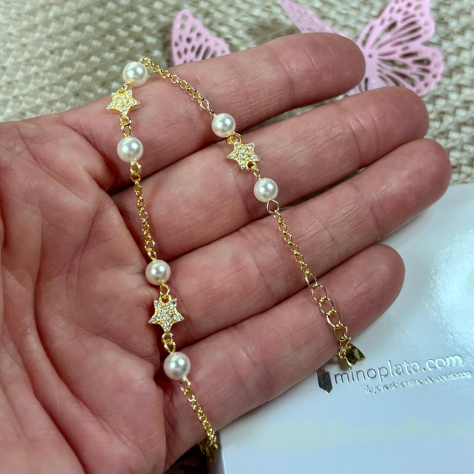 Pulsera infantil estrella de Plata chapada en Oro con Perlas cultivadas y Circonitas 2