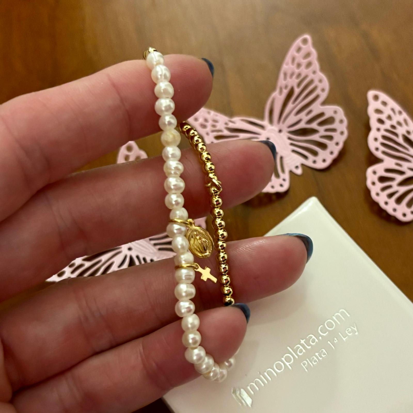 Pulsera Virgen Milagrosa cruz con Perlas cultivadas y bolas de Plata dorada