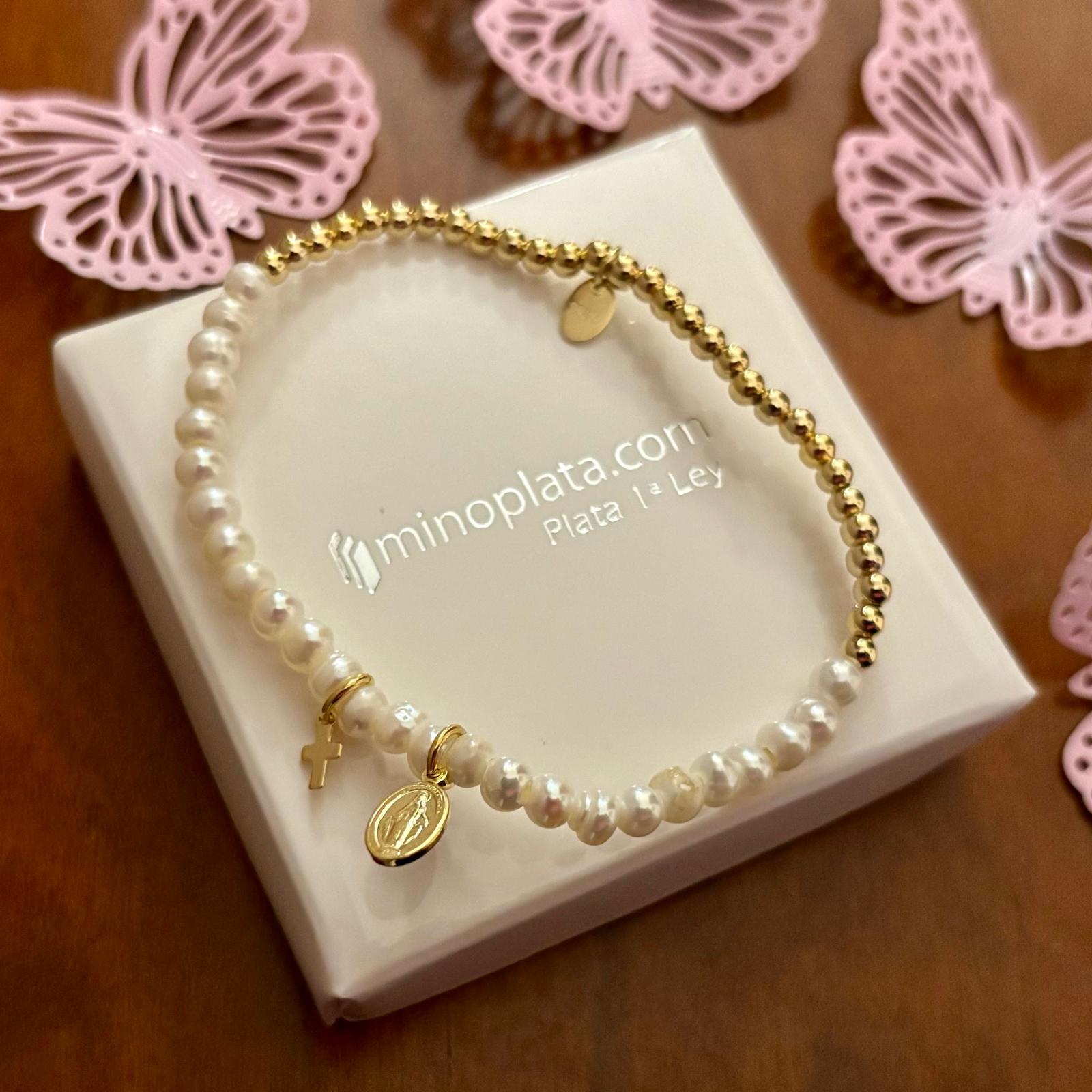 Pulsera Virgen Milagrosa cruz con Perlas cultivadas y bolas de Plata dorada 3