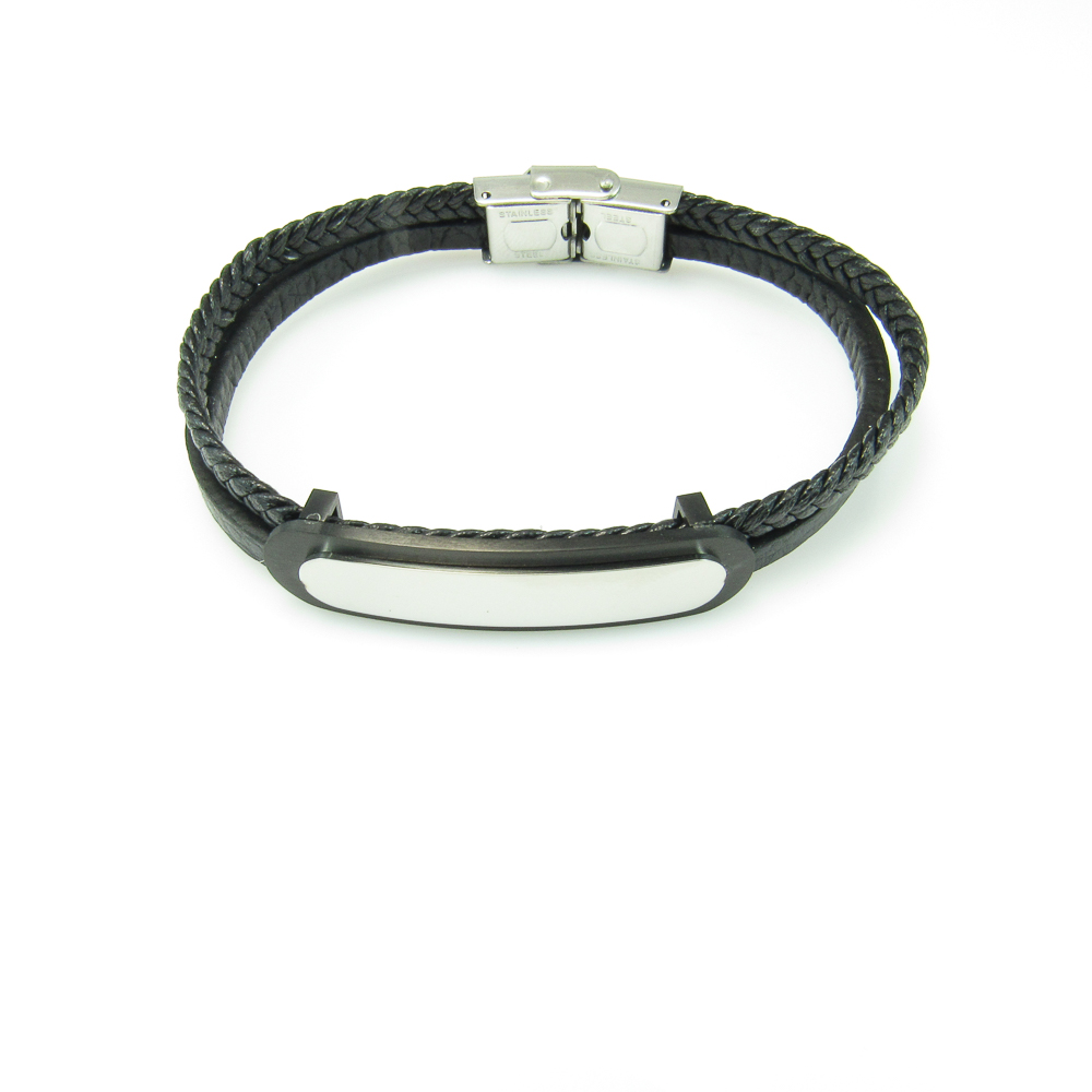 Pulsera Piel lisa y trenzada de Cuero negro con placa de Acero