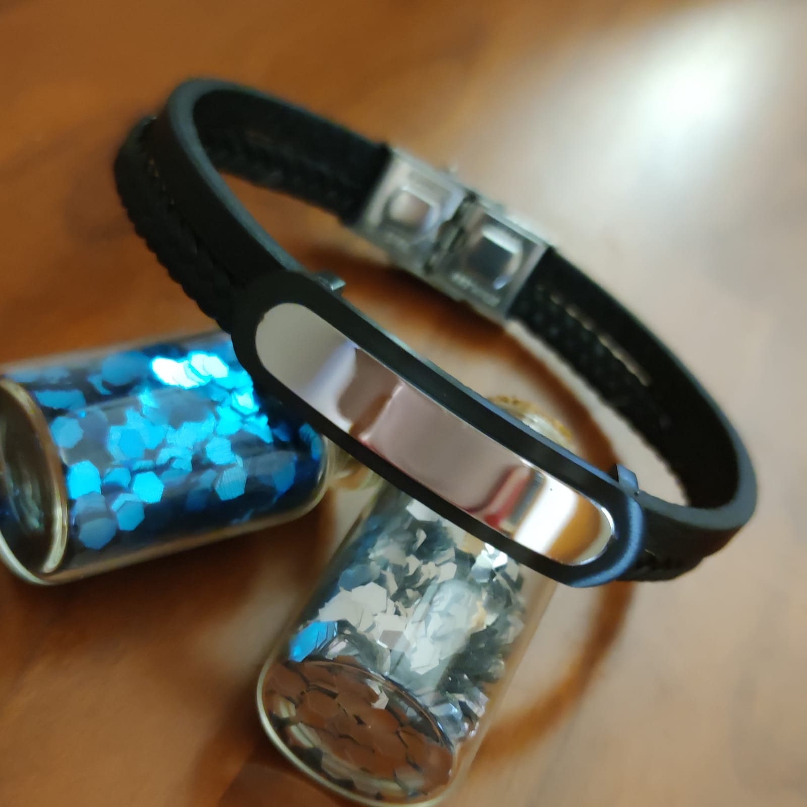Pulsera Piel lisa y trenzada de Cuero negro con placa de Acero 4