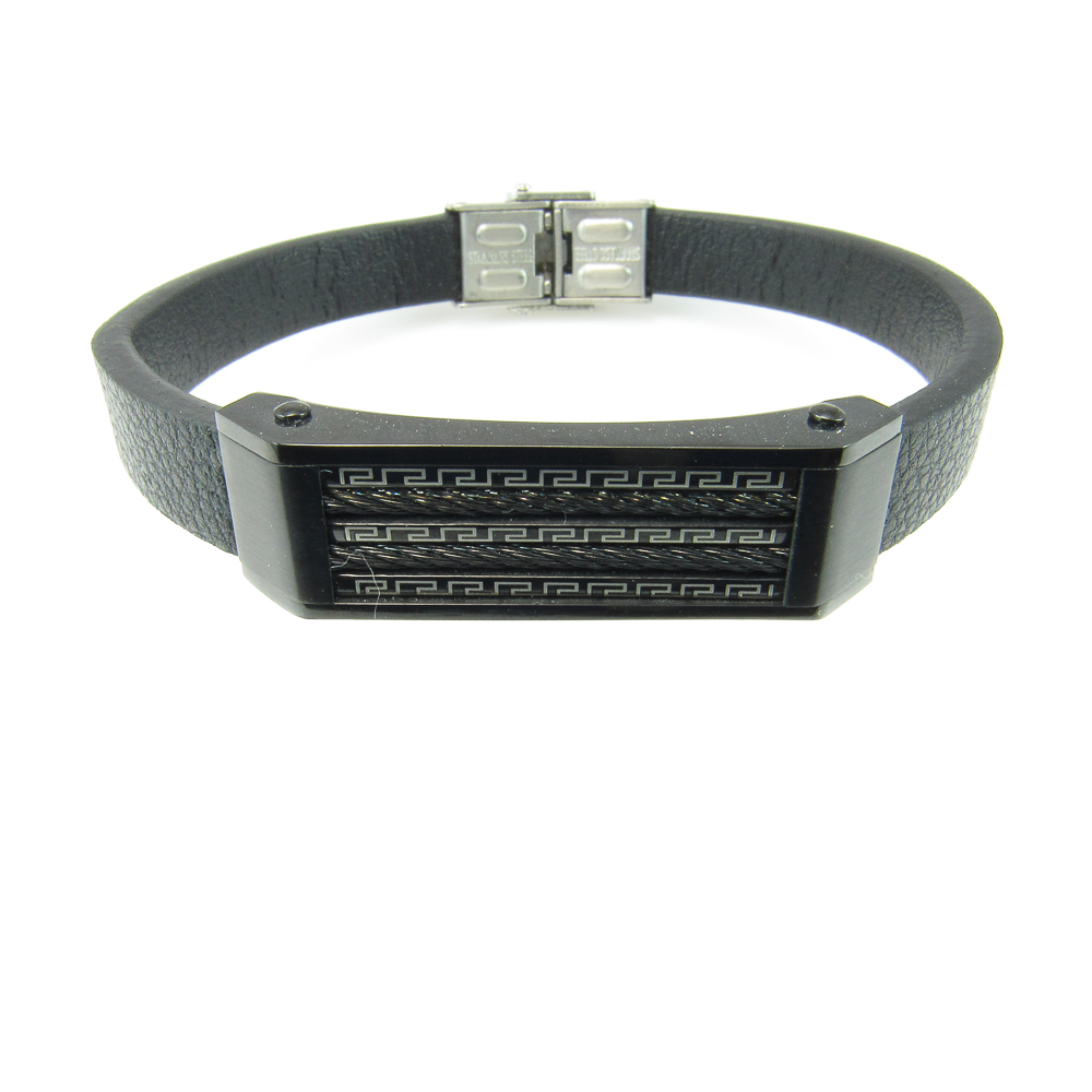 Pulsera Cuero negro con placa grecas de Acero negro